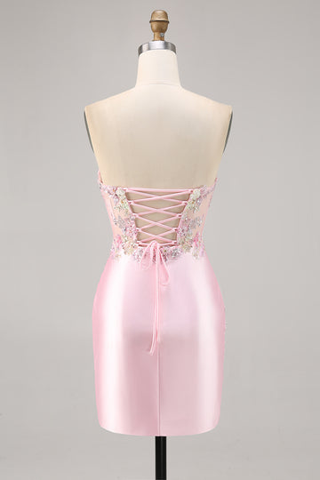 Candy Pink Strapless Bodycon Satin Short Corset Homecoming Dress with Appliques